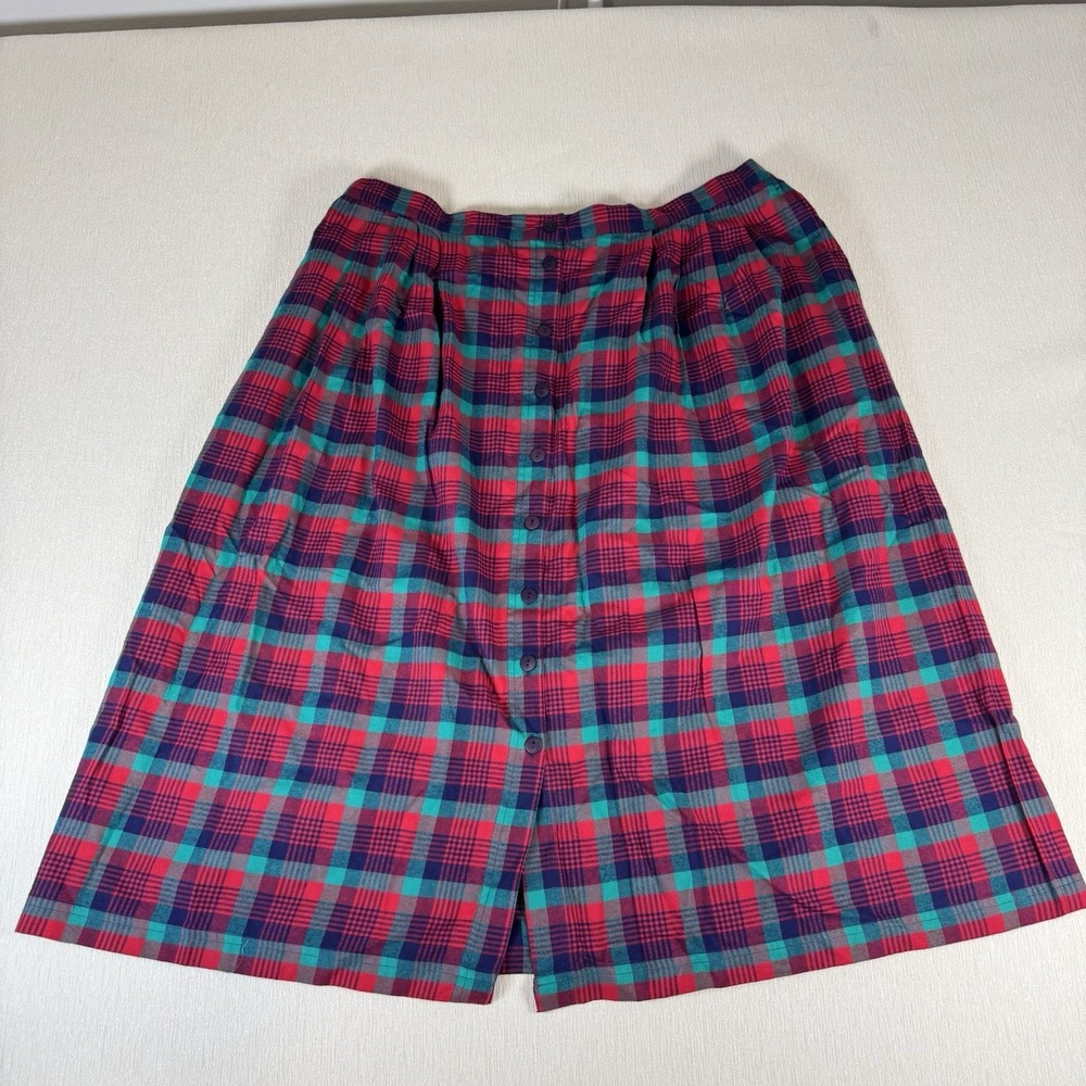 VTG Susan Bristol Plaid Midi Button Front Skirt Size 2X Cottagecore 100% Cotton
